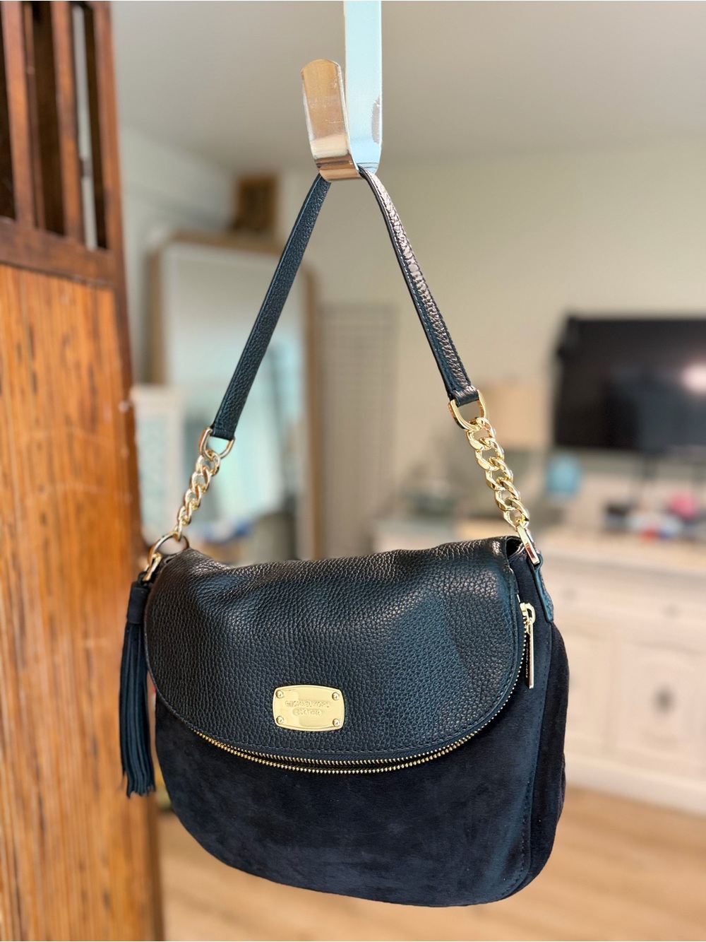Michael Kors Black Leather and Suede Shoulder Bag with Gold Hardware